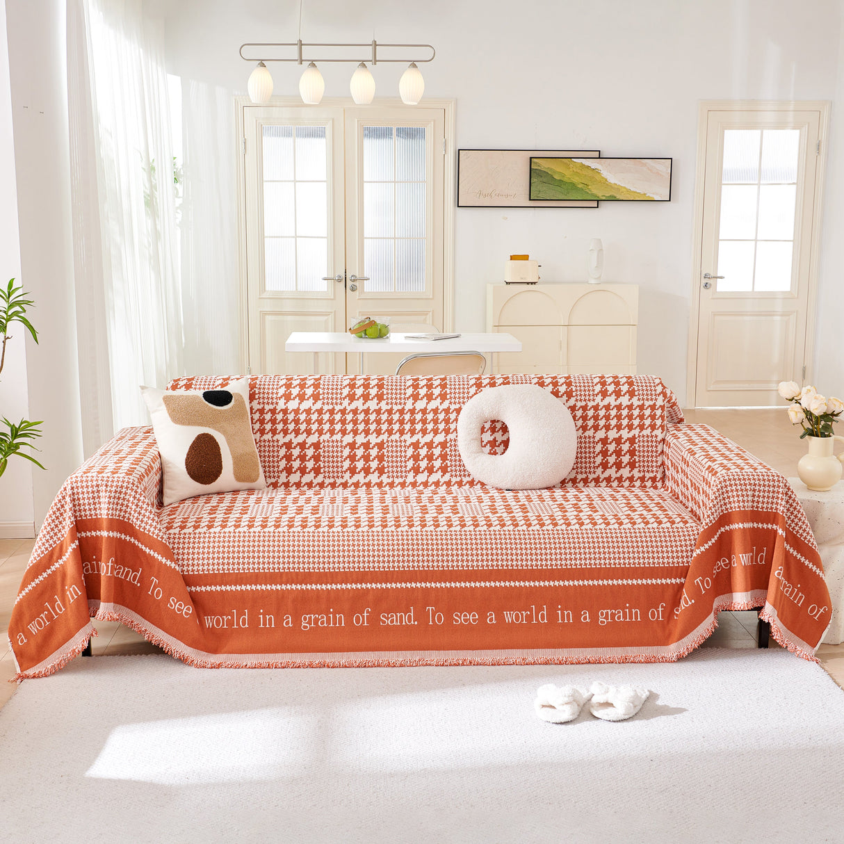 Chenille Houndstooth Couch Cover, Chaise Lounge Blanket Cover, Sectional Couch Scratch Protector