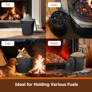 2.9 Gallon Metal Coal Ash Can with Wooden Lid and Side Grips for Fireplace Fire Pits