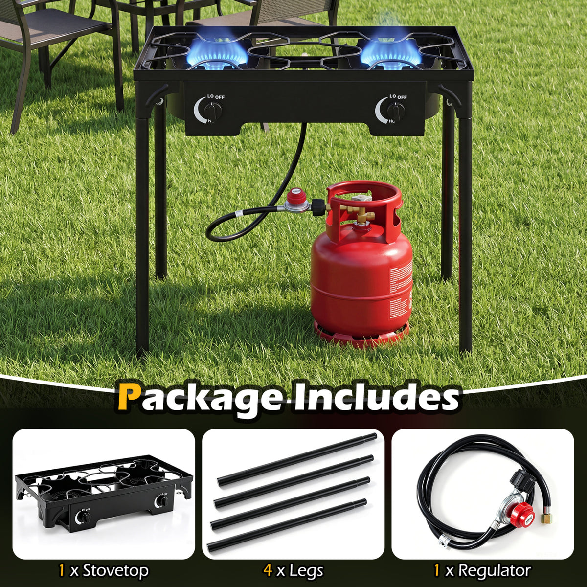2 Burner Propane Stove 160000 BTU with Adjustable Regulator & Hose for Camping BBQ-Black