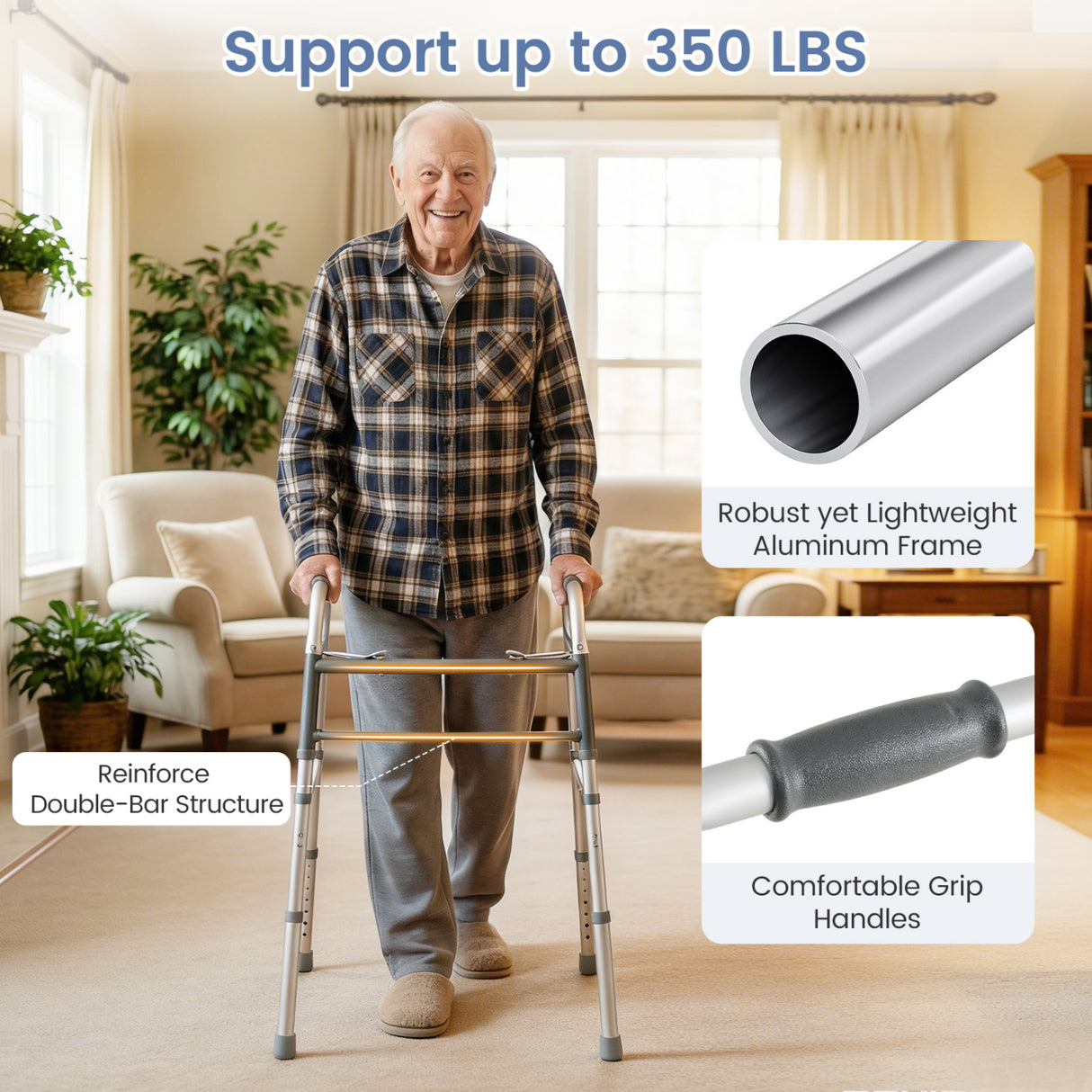 2-Button Folding Walker Lightweight with 7-Level Adjustable Height