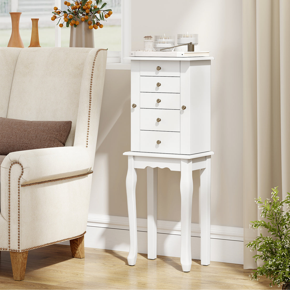 2 Colors Armoire Storage Standing Jewelry Cabinet with Mirror-White