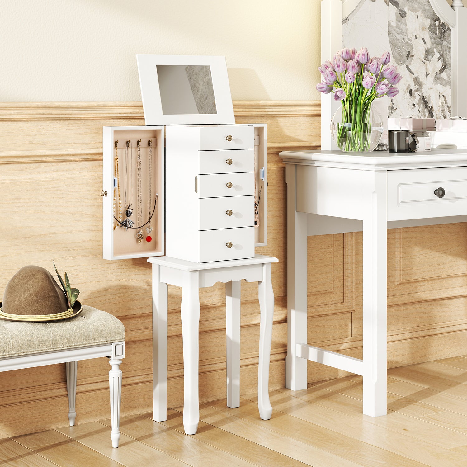 2 Colors Armoire Storage Standing Jewelry Cabinet with Mirror-White