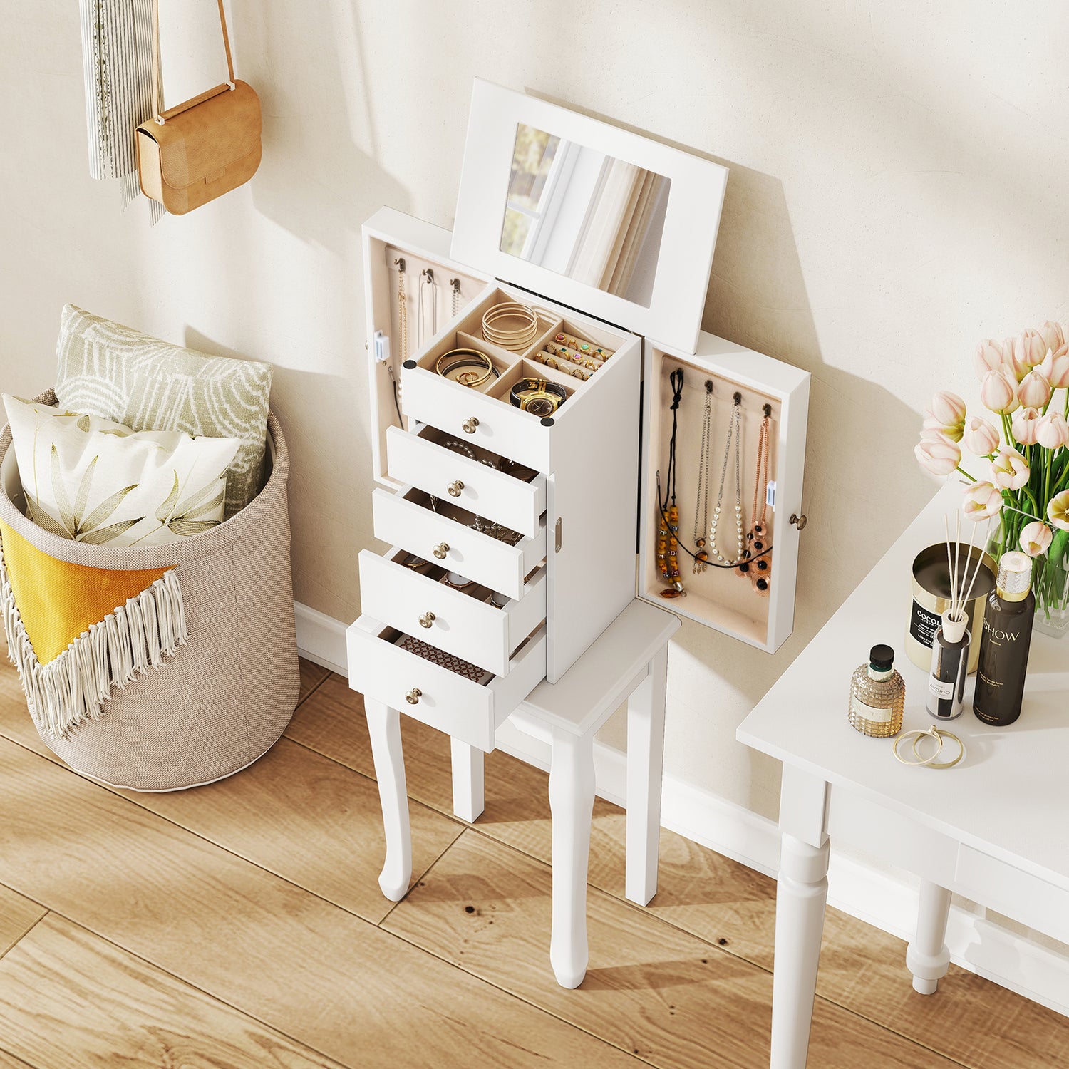 2 Colors Armoire Storage Standing Jewelry Cabinet with Mirror-White