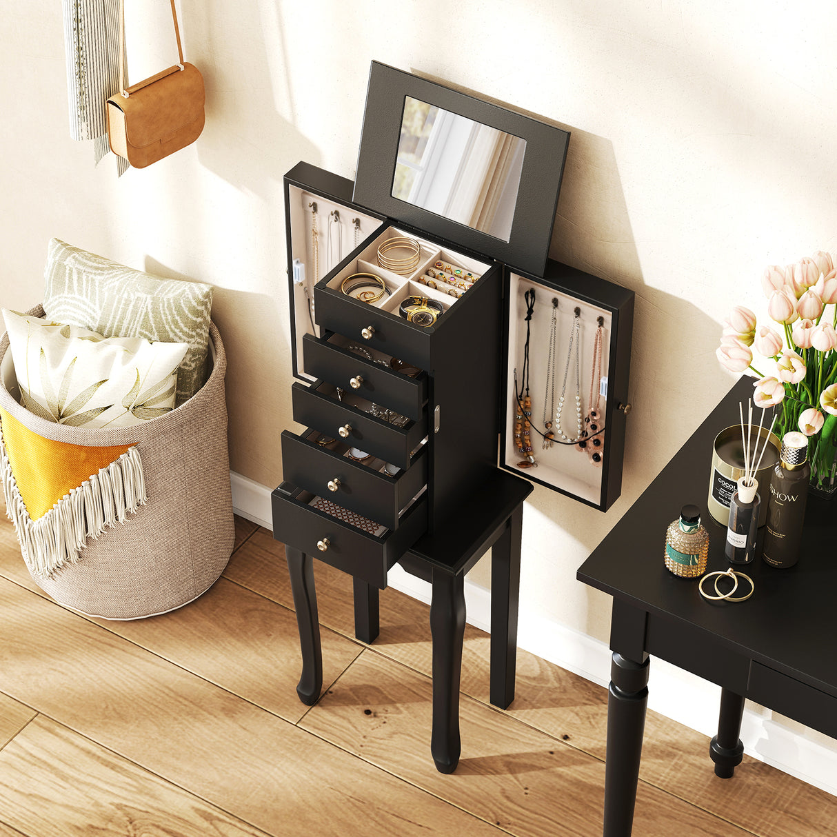 2 Colors Armoire Storage Standing Jewelry Cabinet with Mirror-Black