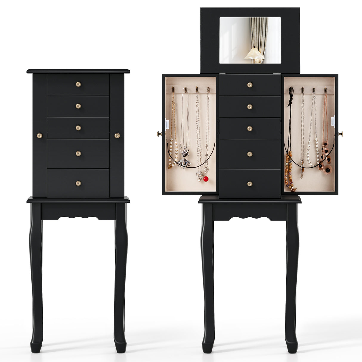 2 Colors Armoire Storage Standing Jewelry Cabinet with Mirror-Black