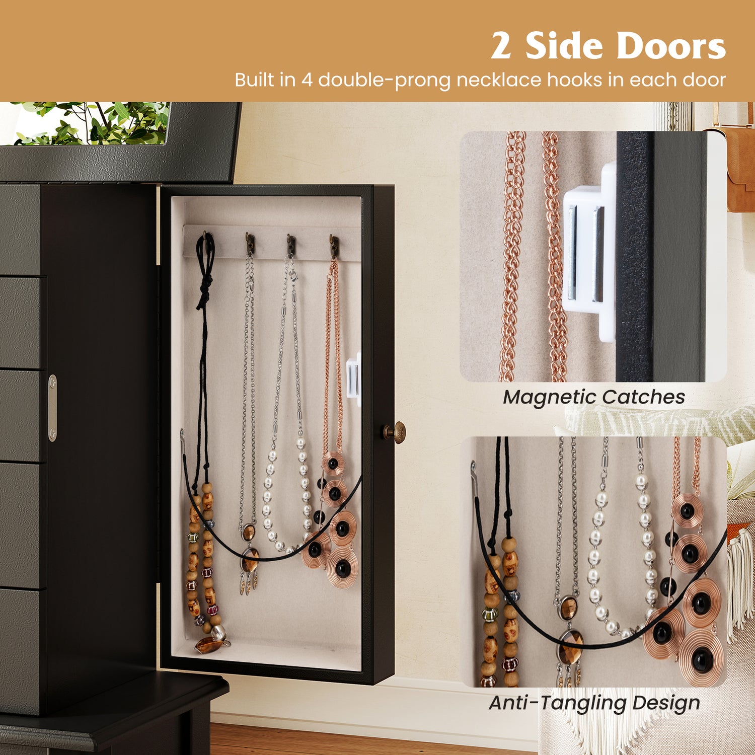 2 Colors Armoire Storage Standing Jewelry Cabinet with Mirror-Black