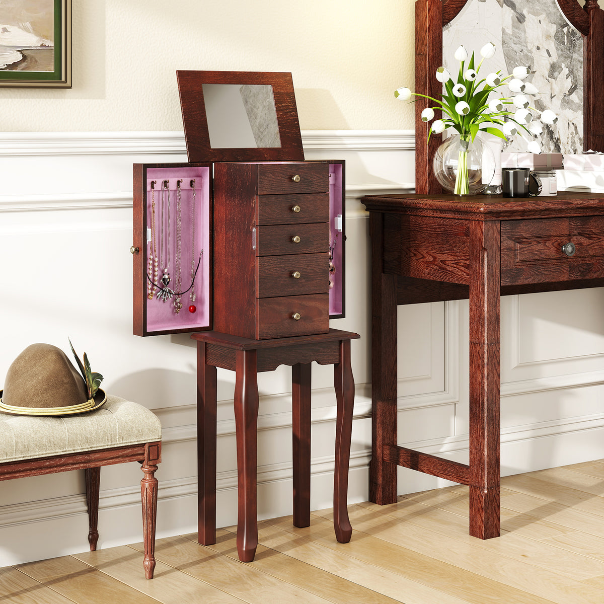 2 Colors Armoire Storage Standing Jewelry Cabinet with Mirror-Brown