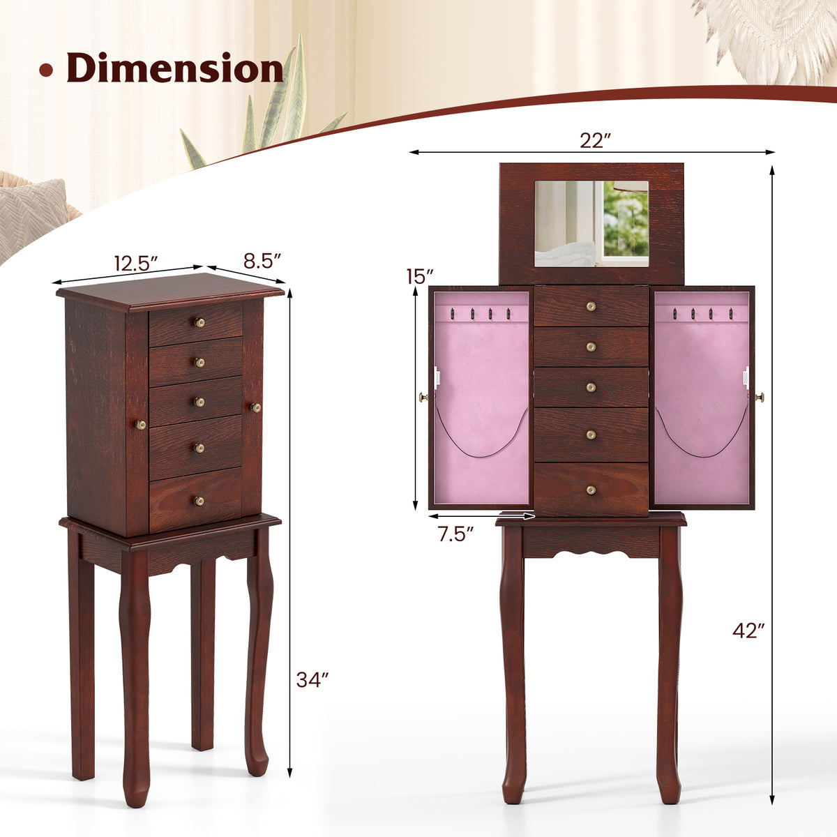 2 Colors Armoire Storage Standing Jewelry Cabinet with Mirror-Brown