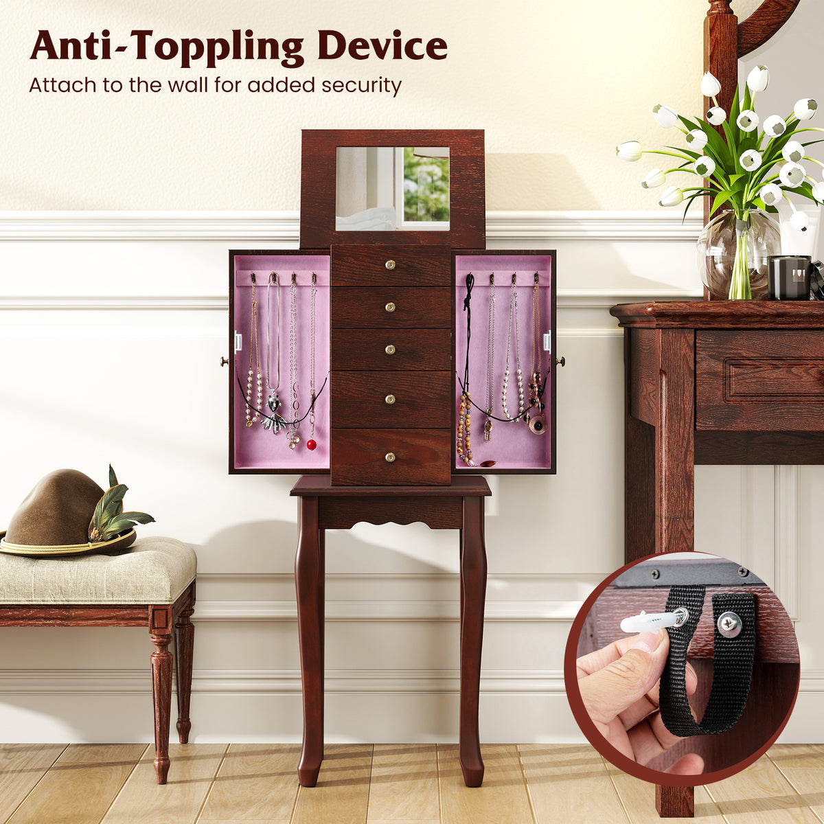2 Colors Armoire Storage Standing Jewelry Cabinet with Mirror-Brown