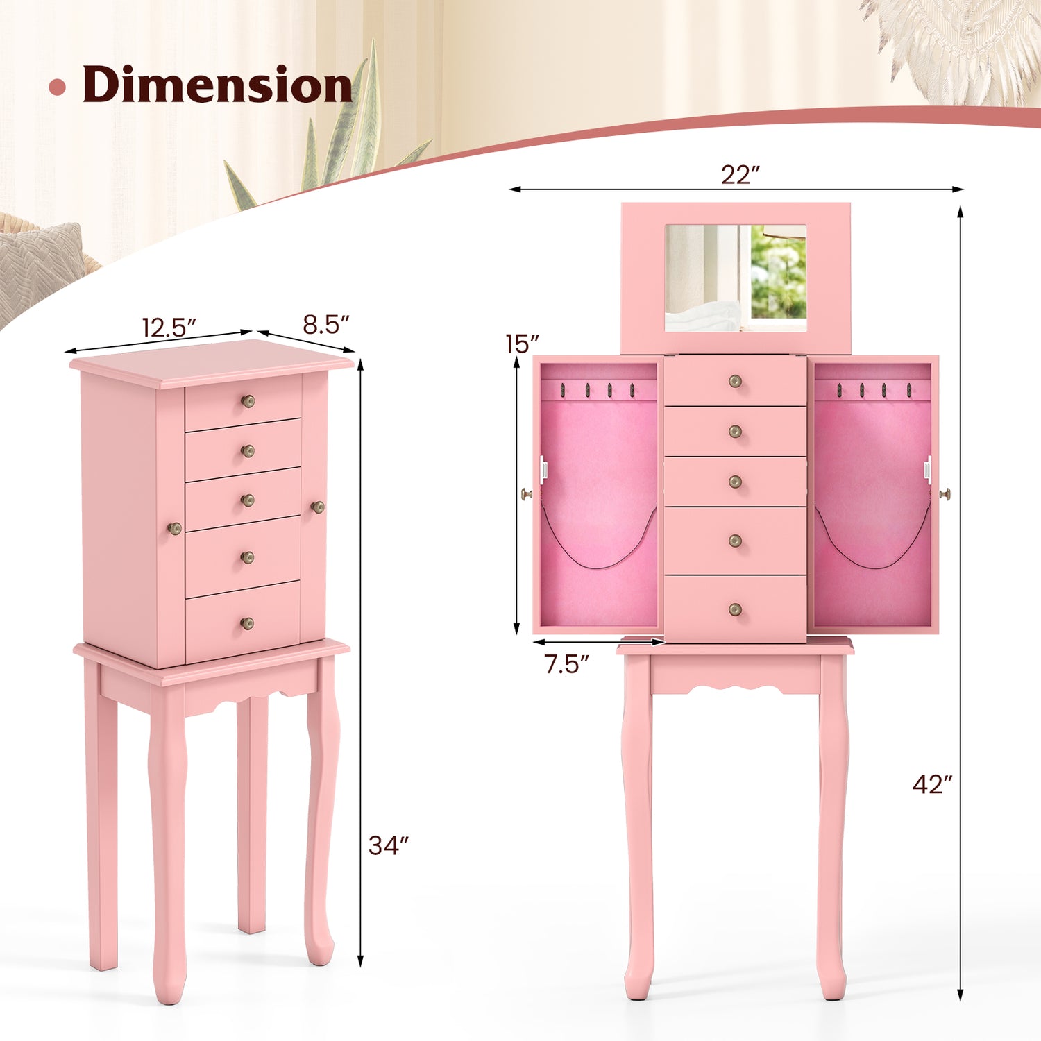 2 Colors Armoire Storage Standing Jewelry Cabinet with Mirror-Pink