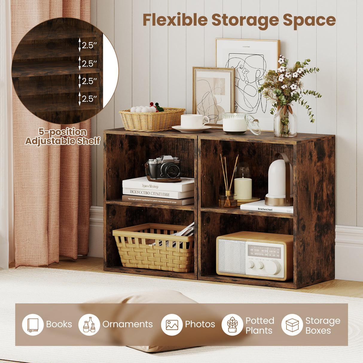2-Cube Bookcase Floor Standing Open Bookshelf with 5-Position Adjustable Shelf-Brown