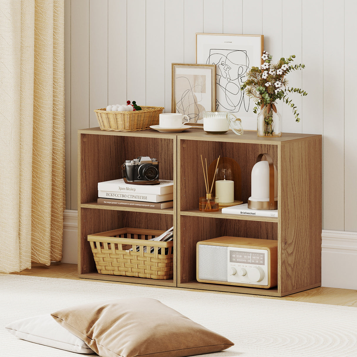 2-Cube Bookcase Floor Standing Open Bookshelf with 5-Position Adjustable Shelf-Natural
