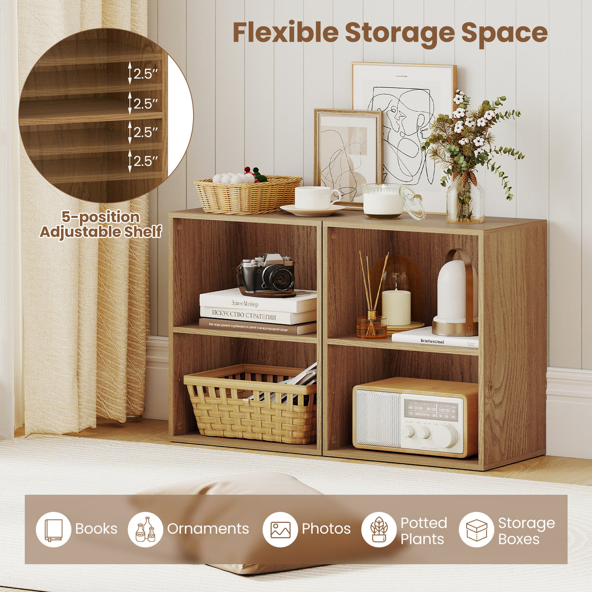2-Cube Bookcase Floor Standing Open Bookshelf with 5-Position Adjustable Shelf-Natural