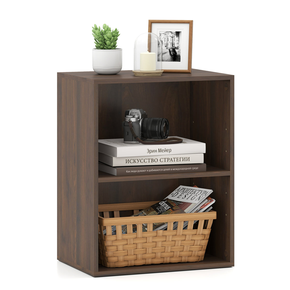 2-Cube Bookcase Floor Standing Open Bookshelf with 5-Position Adjustable Shelf-Dark Walnut