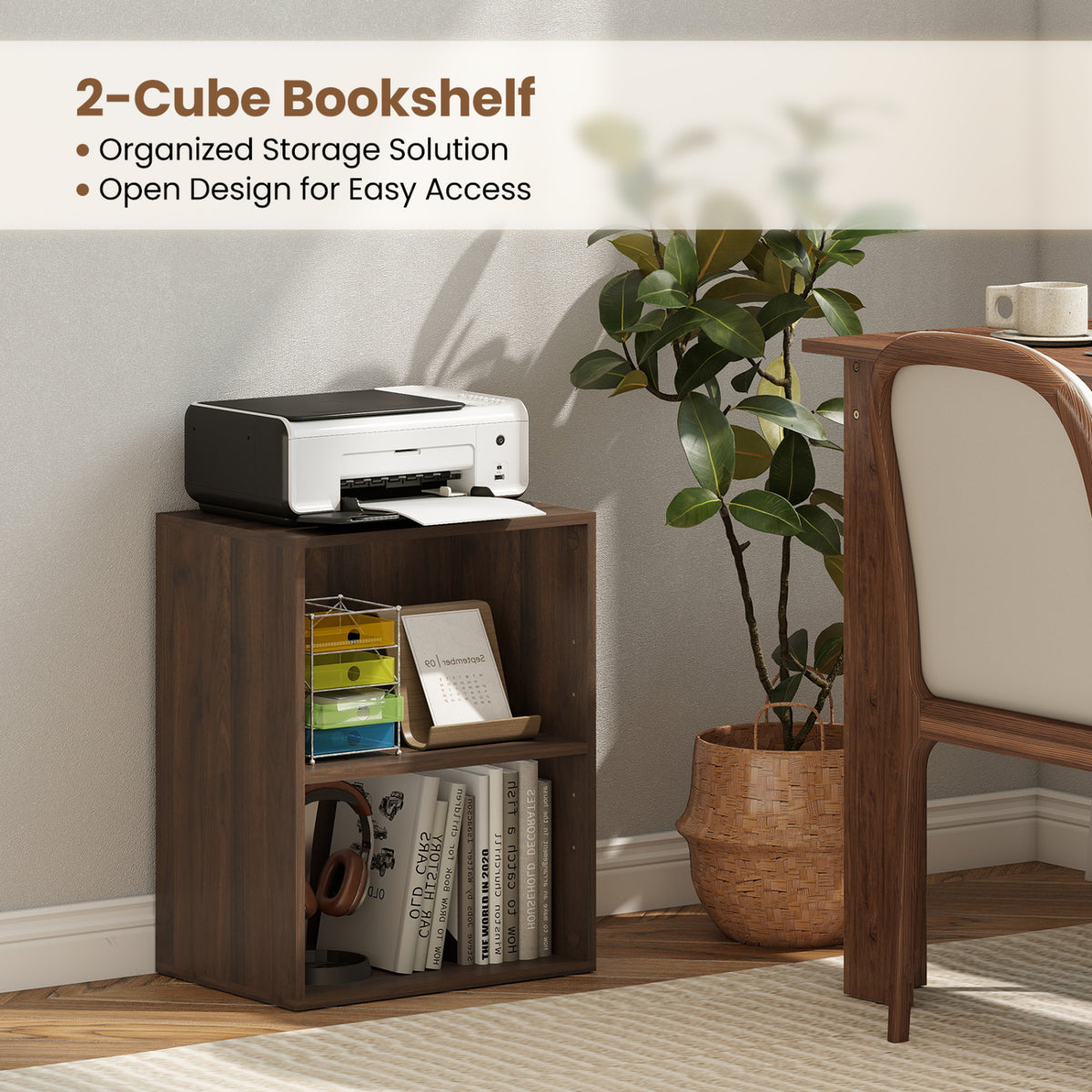 2-Cube Bookcase Floor Standing Open Bookshelf with 5-Position Adjustable Shelf-Dark Walnut