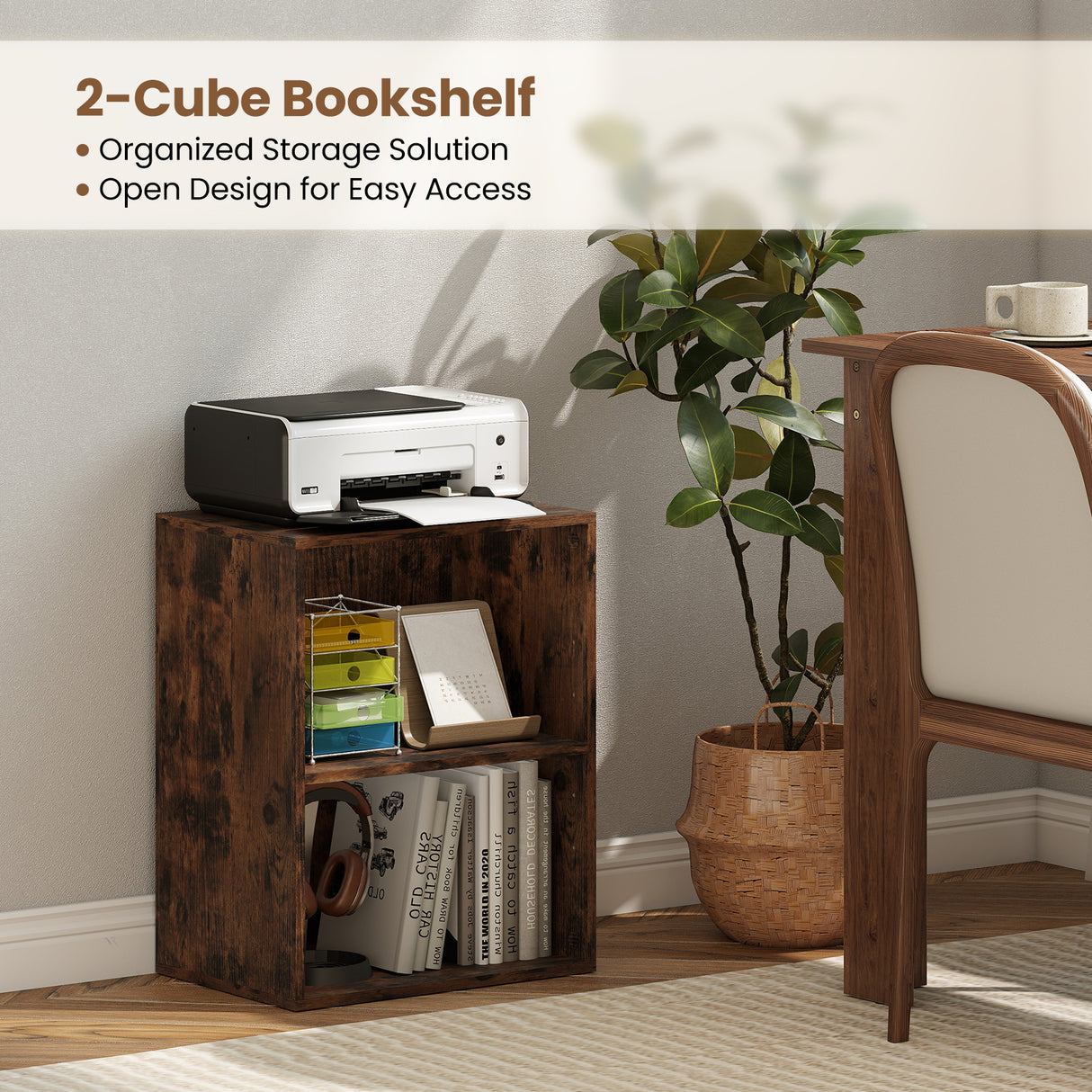 2-Cube Bookcase Set of 2 Floor Standing Open Bookshelf w/ 5-Position Adjustable Shelf-Brown