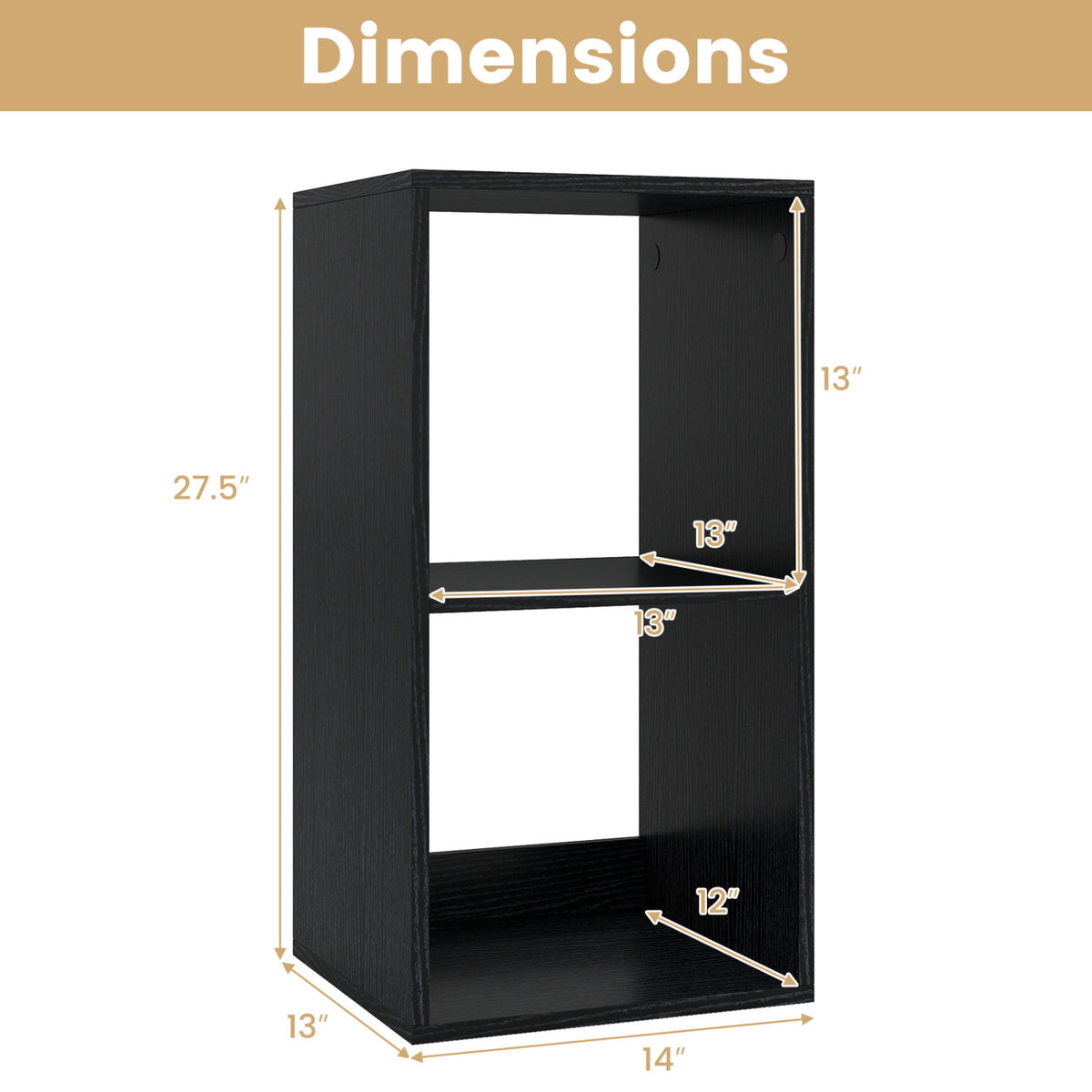 2 Cube Bookshelf with Back Guardrail for Living Room Bedroom-Black