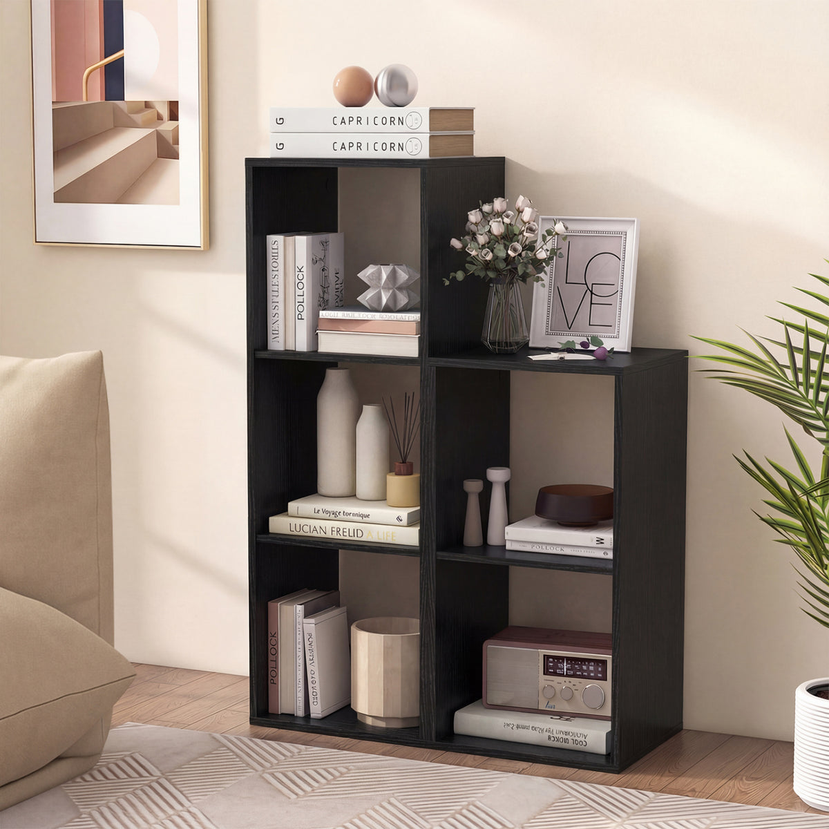 2 Cube Bookshelf with Back Guardrail for Living Room Bedroom-Black