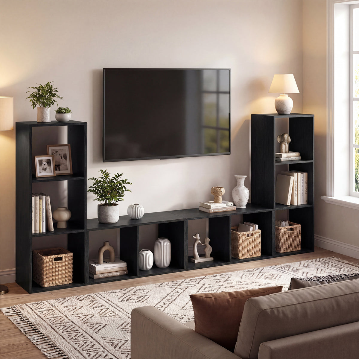 2 Cube Bookshelf with Back Guardrail for Living Room Bedroom-Black
