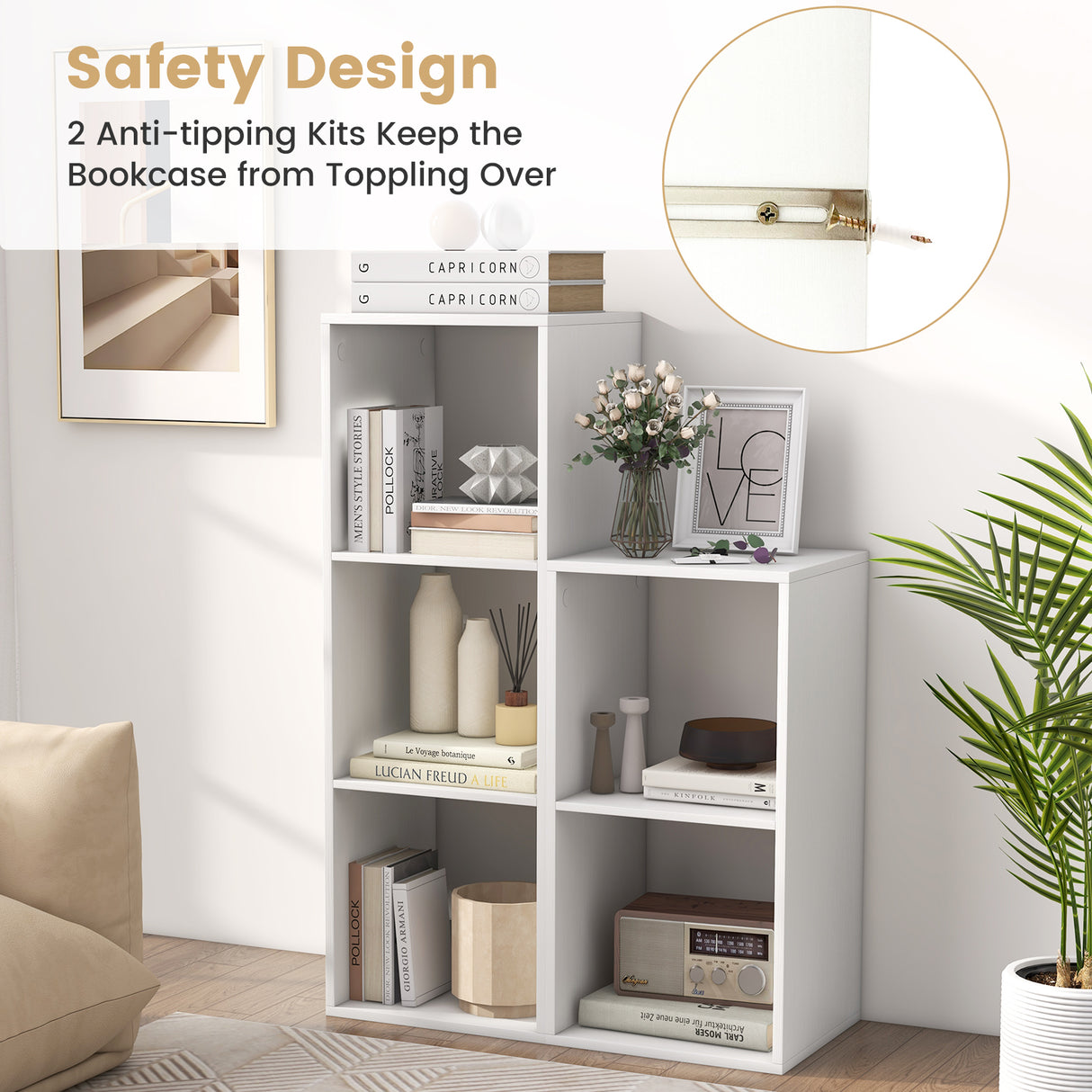 2 Cube Bookshelf with Back Guardrail for Living Room Bedroom-White