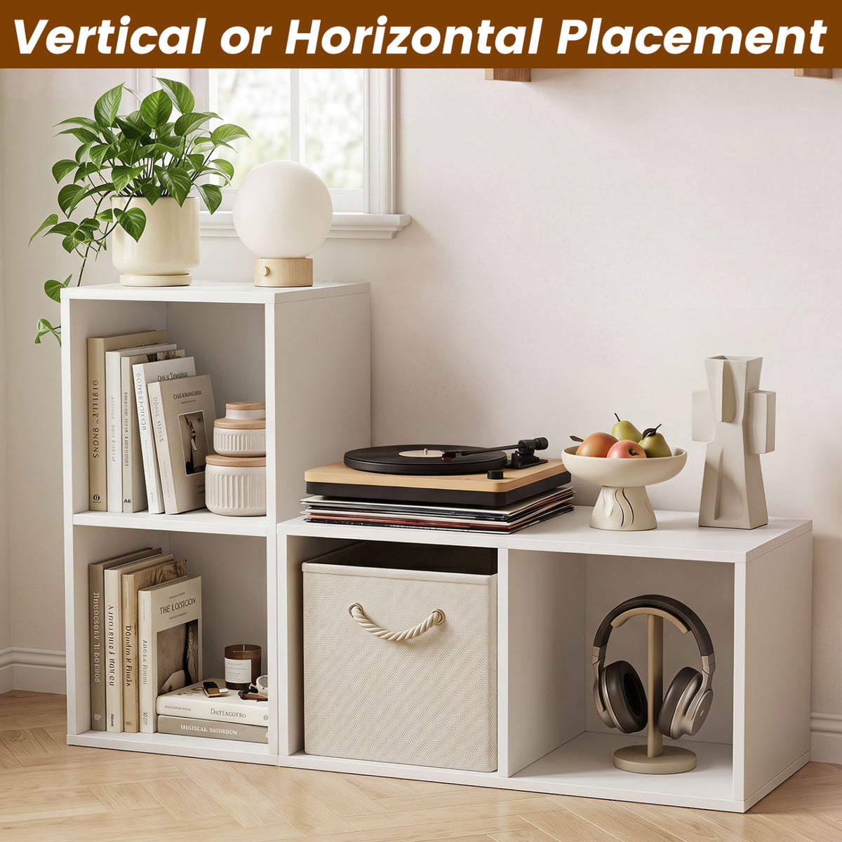 2-Cube Vertical or Horizontal Freestanding Bookshelf with 2 Compartments and 2 Anti-tipping Kits for Home Office-White