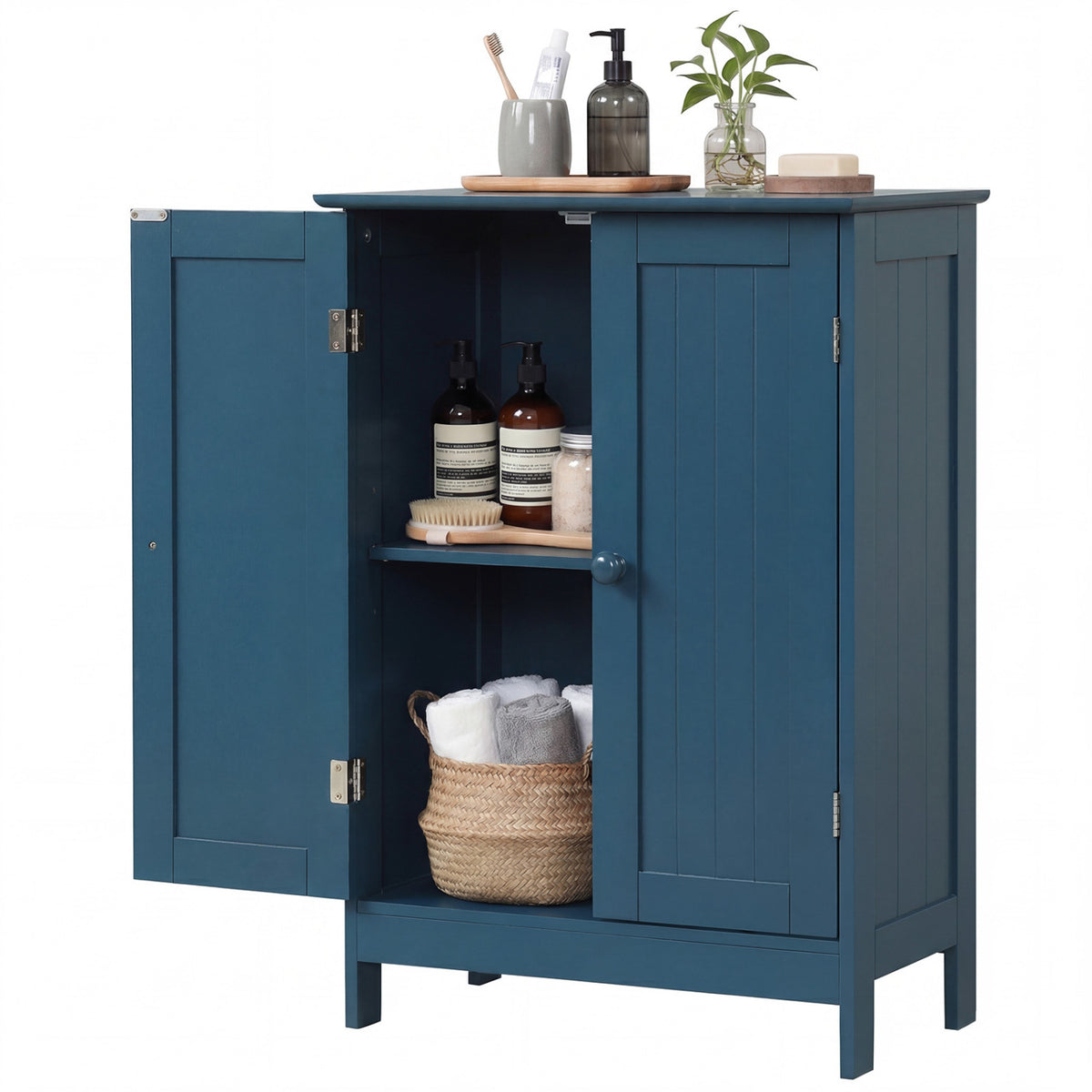 2-Door Freestanding Wooden Bathroom Cabinet with Adjustable Shelf-Green