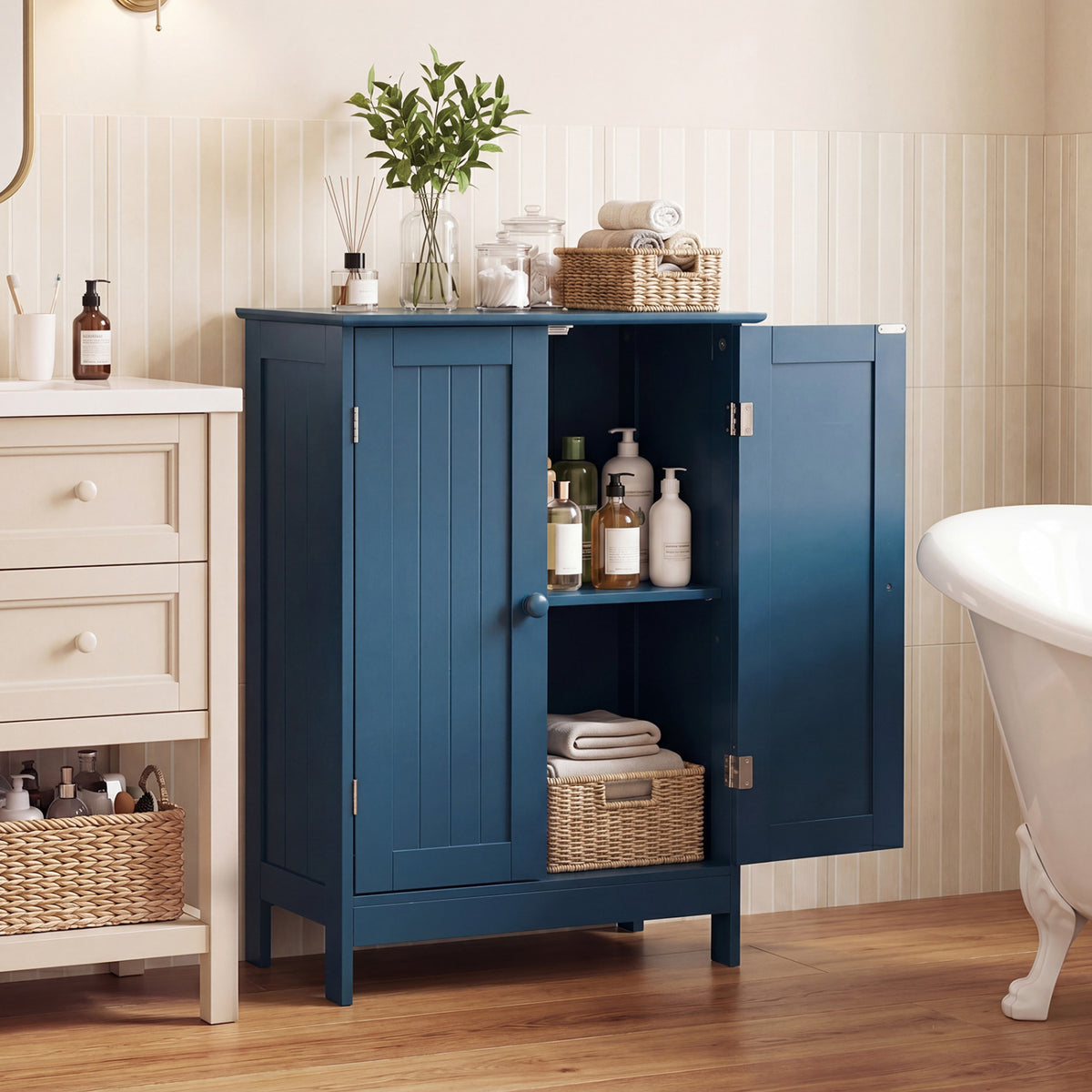 2-Door Freestanding Wooden Bathroom Cabinet with Adjustable Shelf-Green