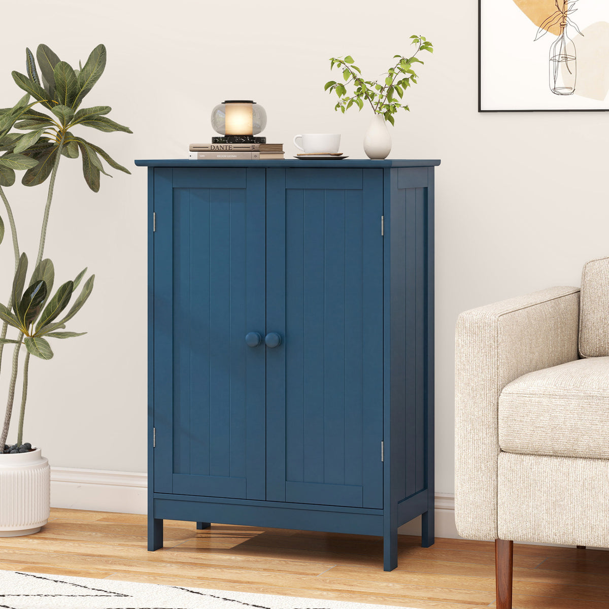 2-Door Freestanding Wooden Bathroom Cabinet with Adjustable Shelf-Green
