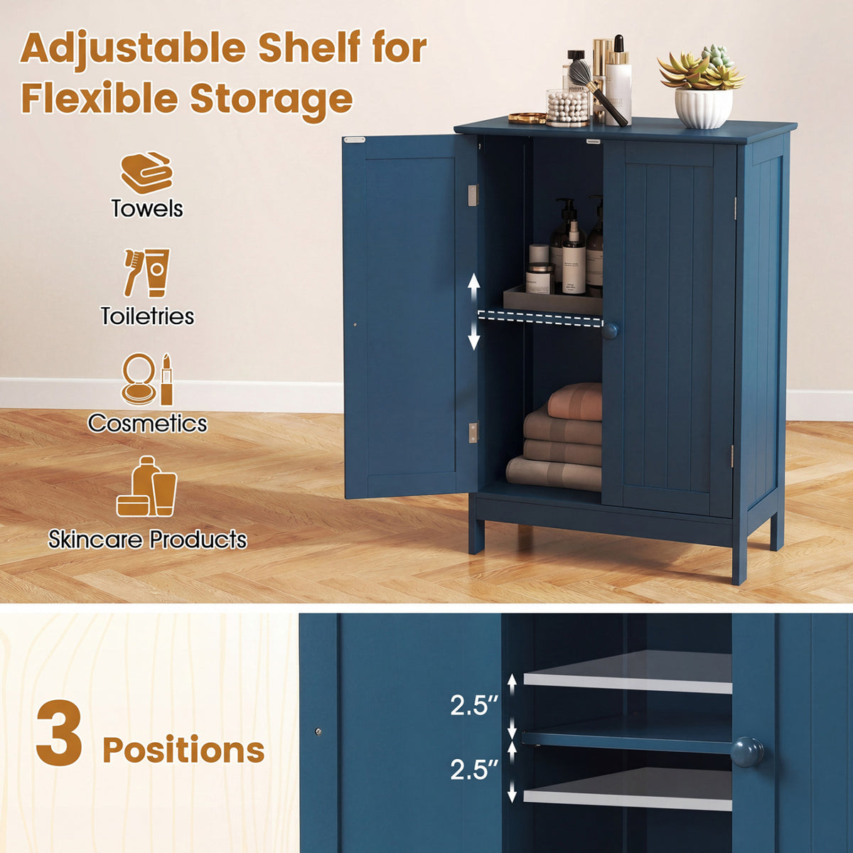 2-Door Freestanding Wooden Bathroom Cabinet with Adjustable Shelf-Green