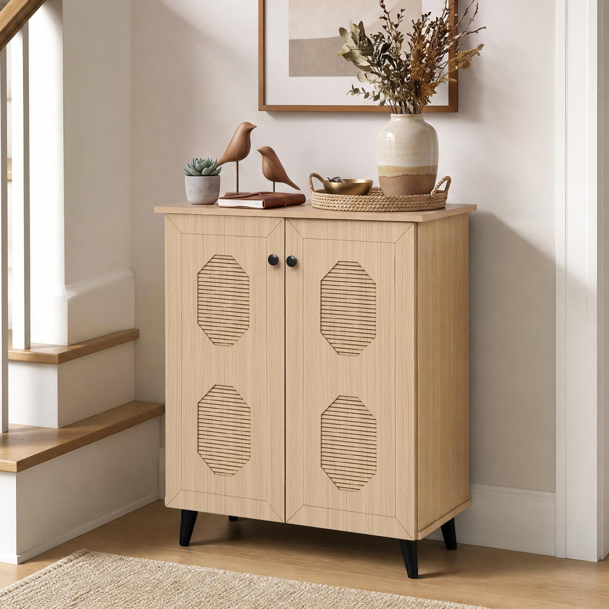 2â€‘Door Geometricâ€‘Style Storage Cabinet Freestanding Footwear Organizer with Stylish Carved Panels-Natural