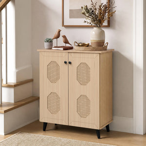 2â€‘Door Geometricâ€‘Style Storage Cabinet Freestanding Footwear Organizer with Stylish Carved Panels-Natural
