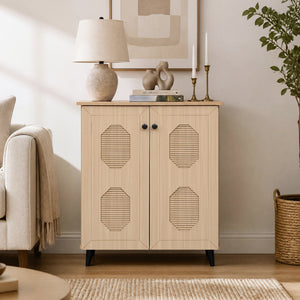 2â€‘Door Geometricâ€‘Style Storage Cabinet Freestanding Footwear Organizer with Stylish Carved Panels-Natural
