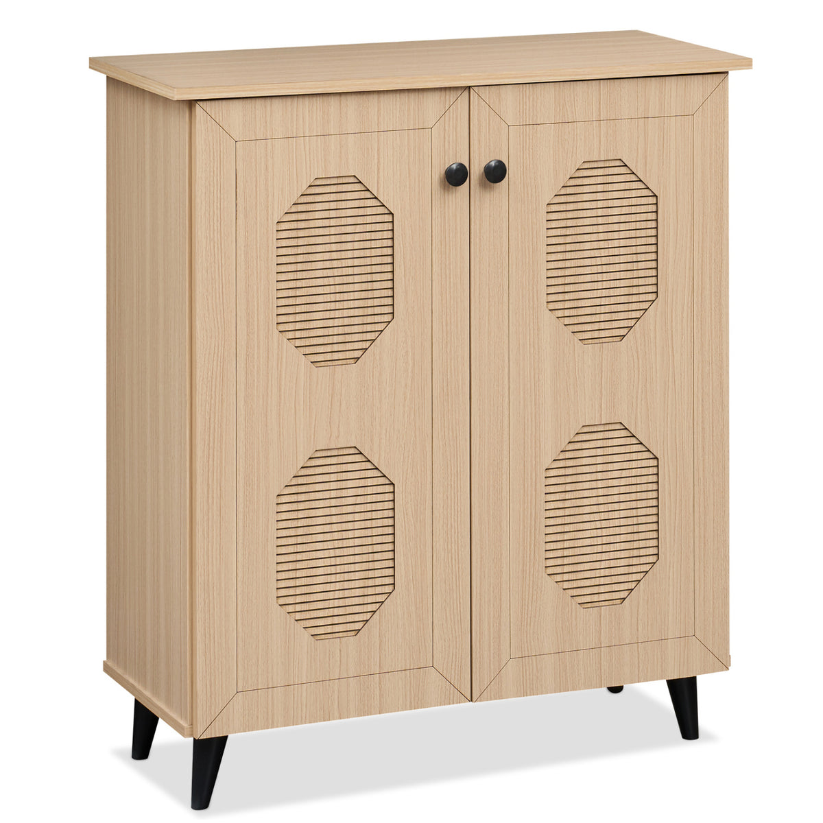 2â€‘Door Geometricâ€‘Style Storage Cabinet Freestanding Footwear Organizer with Stylish Carved Panels-Natural