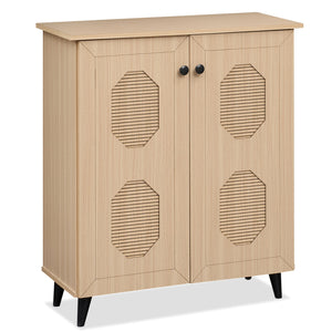 2â€‘Door Geometricâ€‘Style Storage Cabinet Freestanding Footwear Organizer with Stylish Carved Panels-Natural