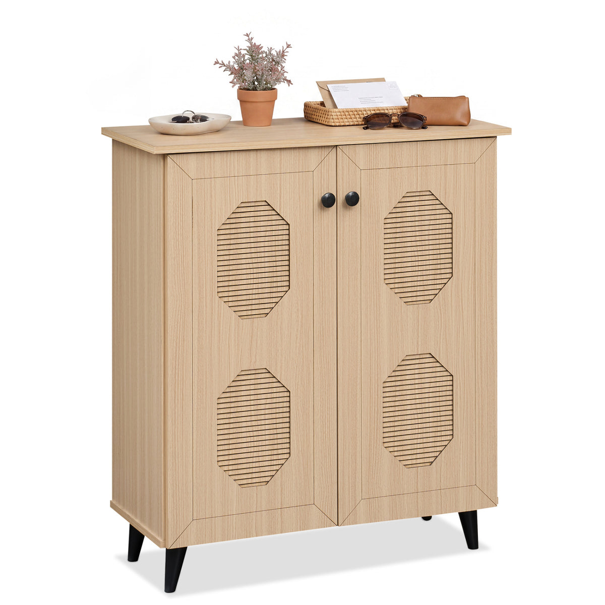 2â€‘Door Geometricâ€‘Style Storage Cabinet Freestanding Footwear Organizer with Stylish Carved Panels-Natural