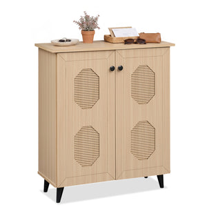 2â€‘Door Geometricâ€‘Style Storage Cabinet Freestanding Footwear Organizer with Stylish Carved Panels-Natural