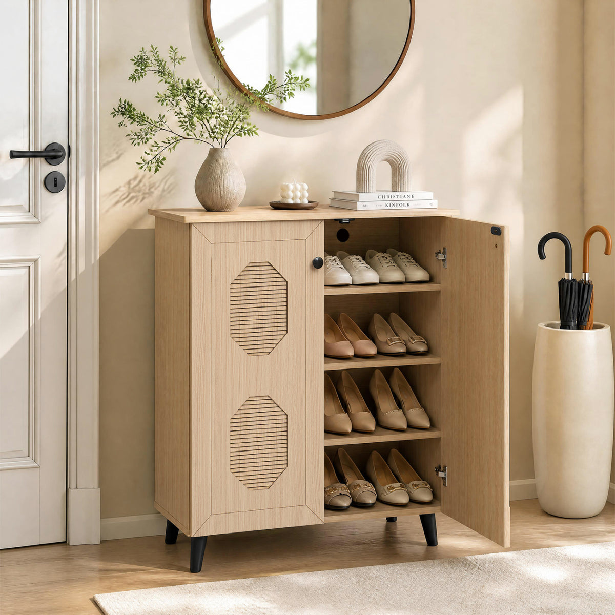 2â€‘Door Geometricâ€‘Style Storage Cabinet Freestanding Footwear Organizer with Stylish Carved Panels-Natural