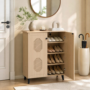 2â€‘Door Geometricâ€‘Style Storage Cabinet Freestanding Footwear Organizer with Stylish Carved Panels-Natural