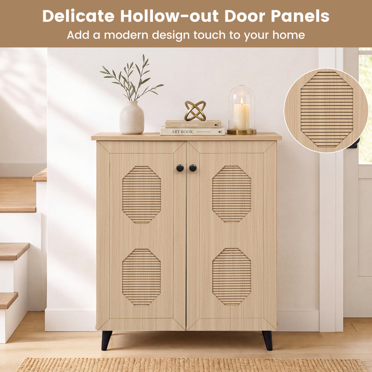 2â€‘Door Geometricâ€‘Style Storage Cabinet Freestanding Footwear Organizer with Stylish Carved Panels-Natural