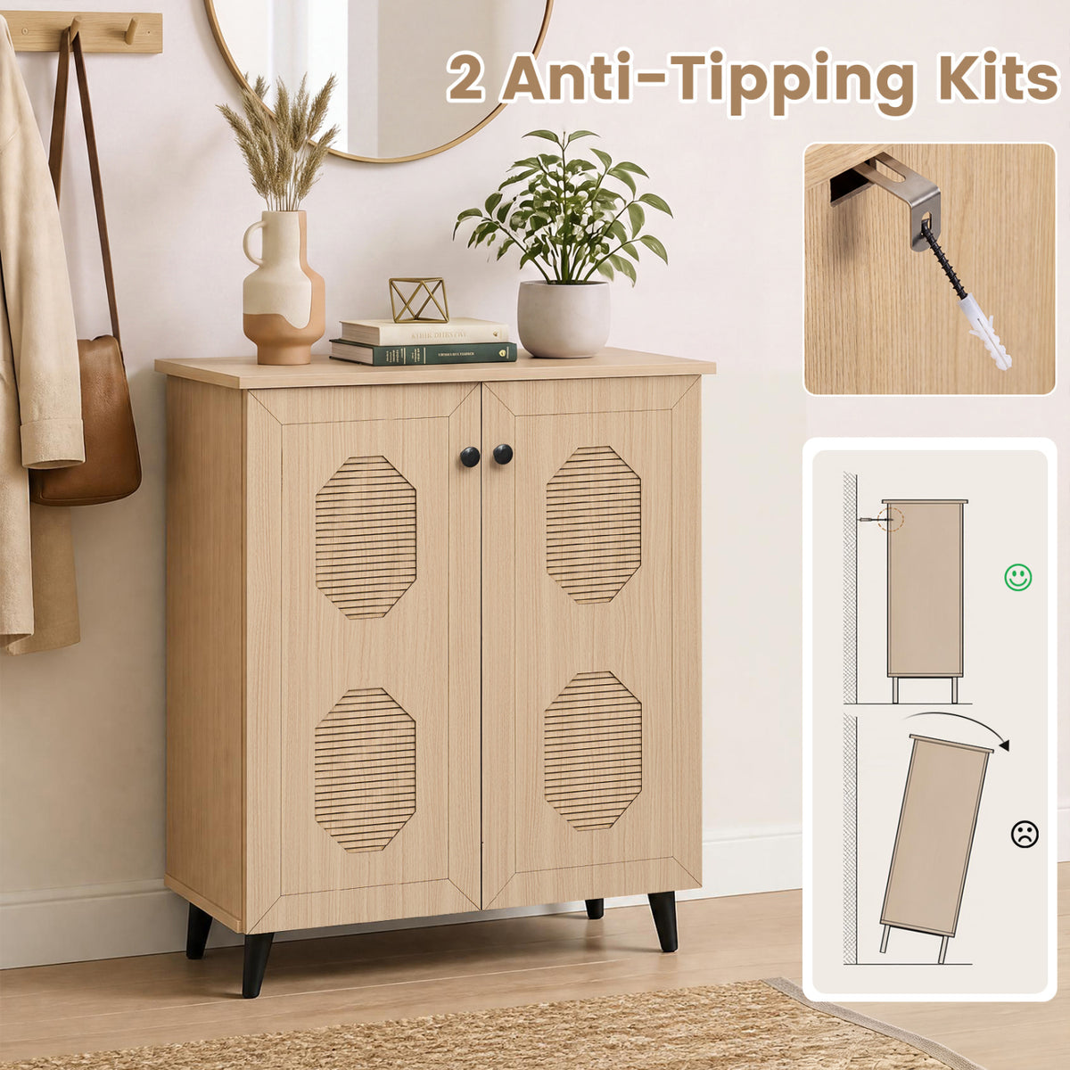2â€‘Door Geometricâ€‘Style Storage Cabinet Freestanding Footwear Organizer with Stylish Carved Panels-Natural