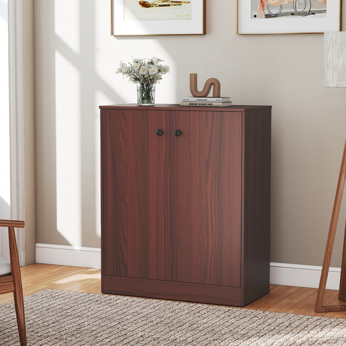 2-Door Modern Floor Storage Cabinet with 3-Tier Shelf-Brown
