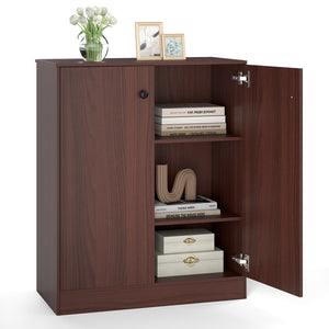2-Door Modern Floor Storage Cabinet with 3-Tier Shelf-Brown