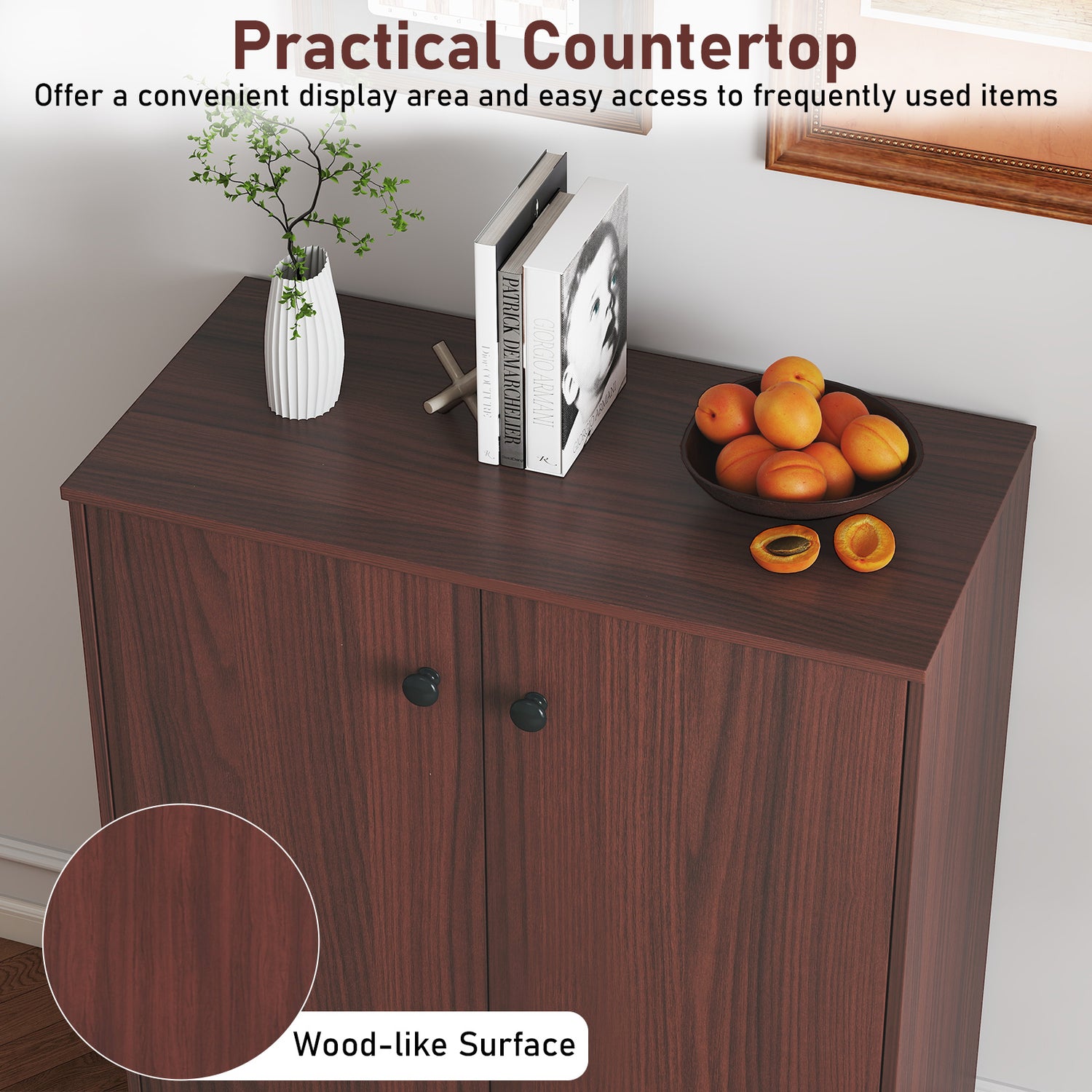 2-Door Modern Floor Storage Cabinet with 3-Tier Shelf-Brown