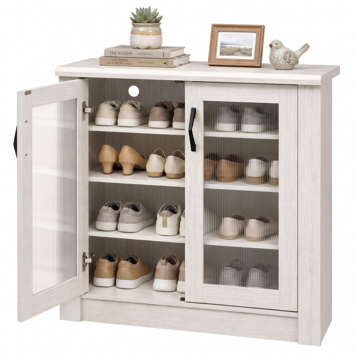 2-Door Shoe Cabinet with Removable Shelves Wooden Shoe Storage Organizer-White