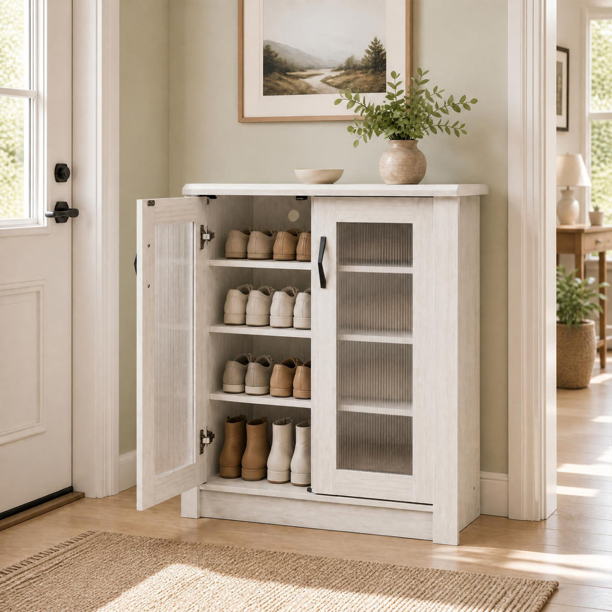 2-Door Shoe Cabinet with Removable Shelves Wooden Shoe Storage Organizer-White
