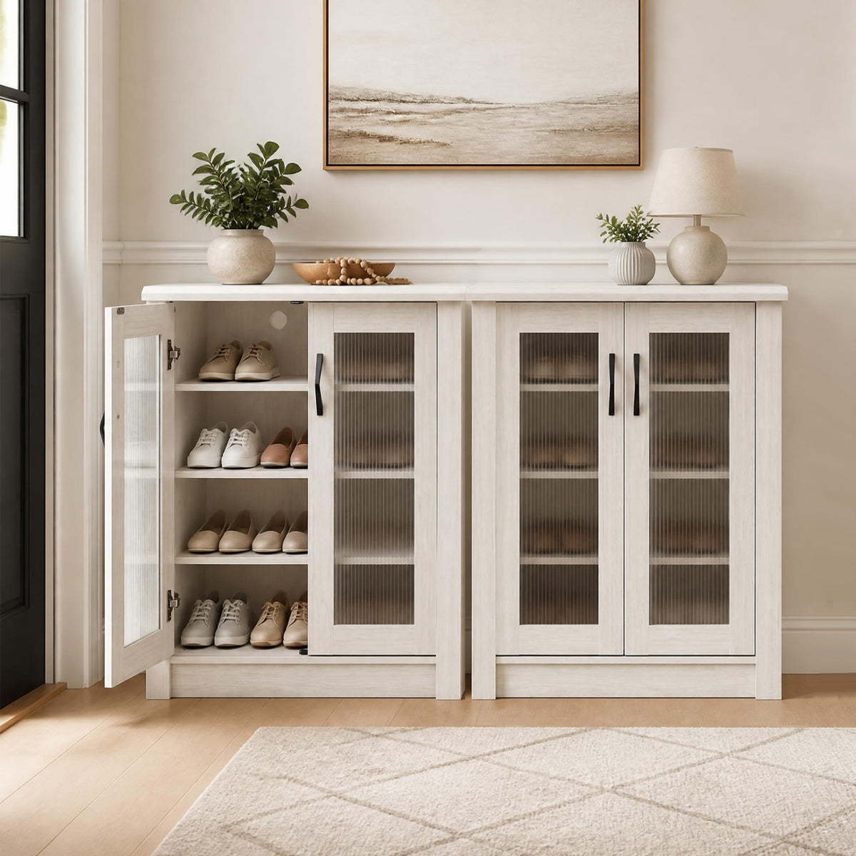 2-Door Shoe Cabinet with Removable Shelves Wooden Shoe Storage Organizer-White