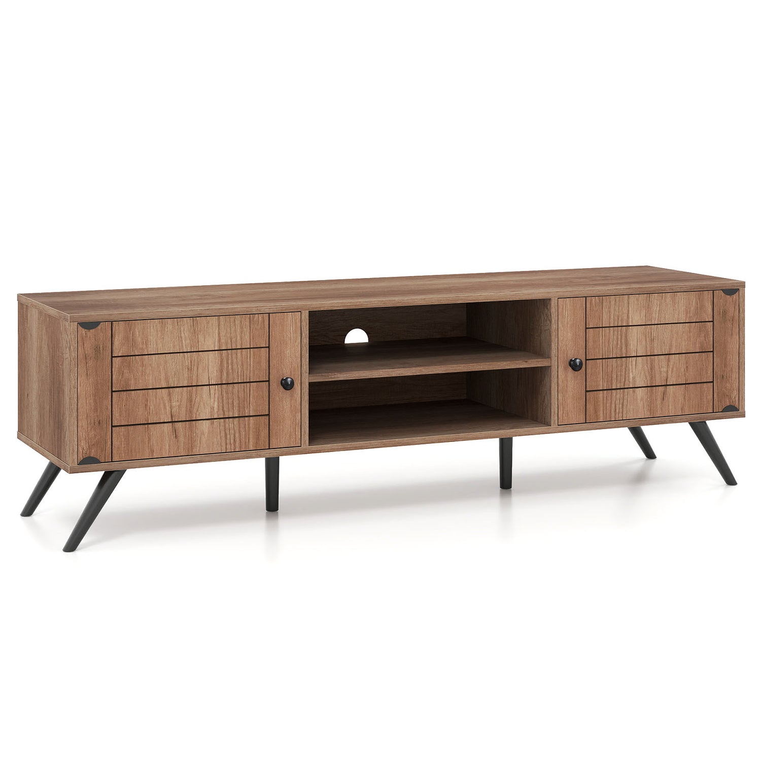 2-Door TV Stand for TVs up to 65 Inch with Open Shelves-Oak