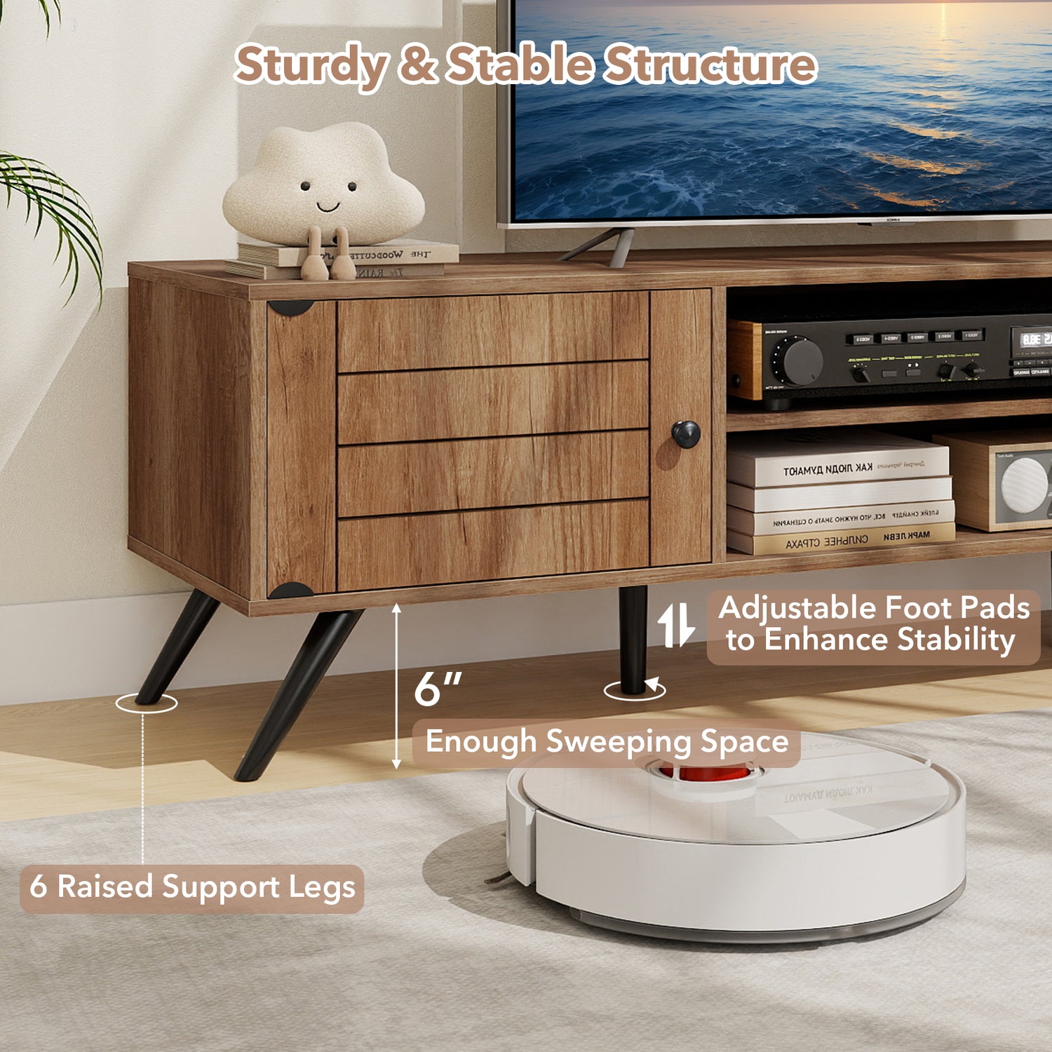2-Door TV Stand for TVs up to 65 Inch with Open Shelves-Oak