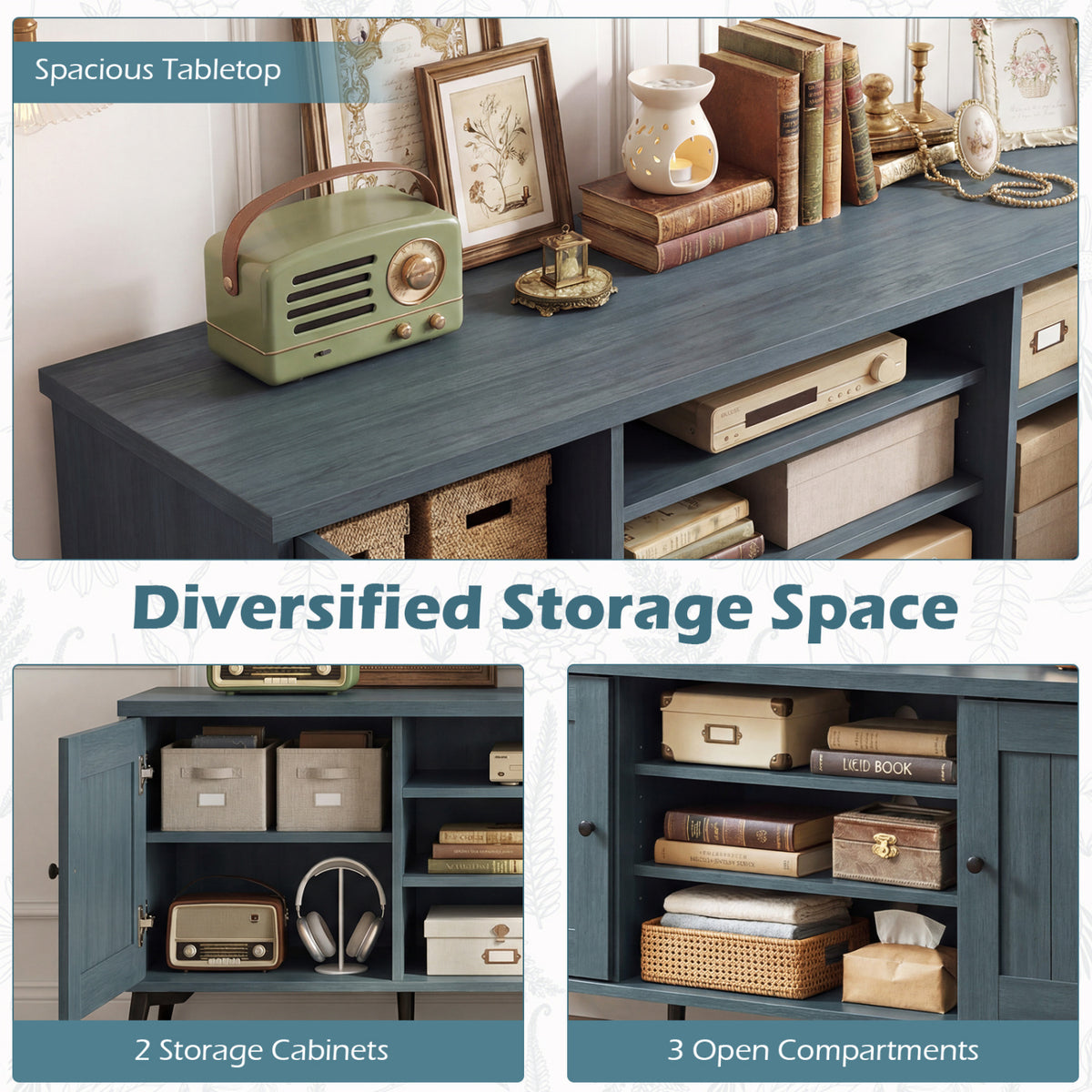 2-Door TV Stand for TVs up to 65 Inch Mid Century Modern Entertainment Center-Turquoise