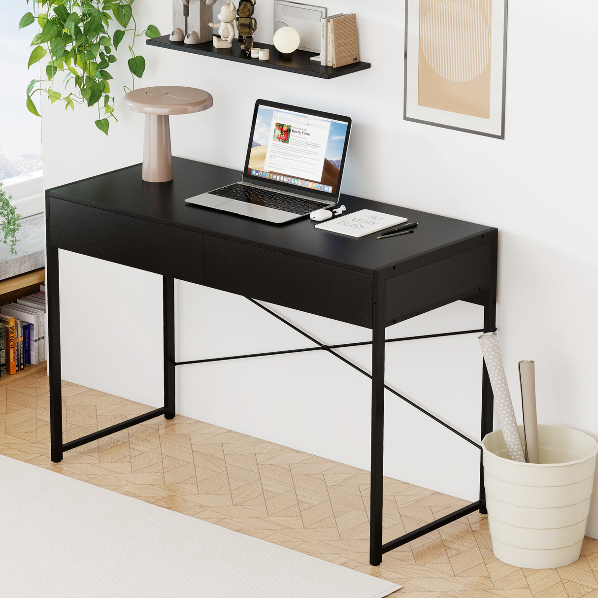 2-Drawer Home Office Desk with Steel Frame-Brown